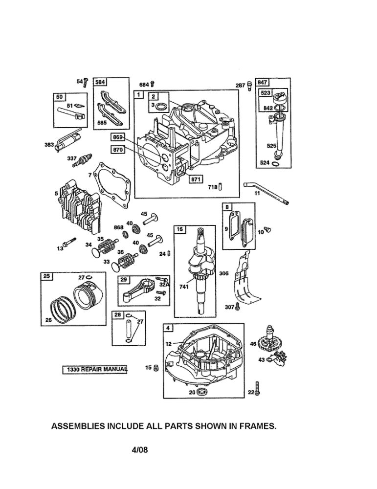 Cylinder/Crankshaft/Sump Diagram and Parts List for 125T02-1045-B1  Briggs and Stratton Engine